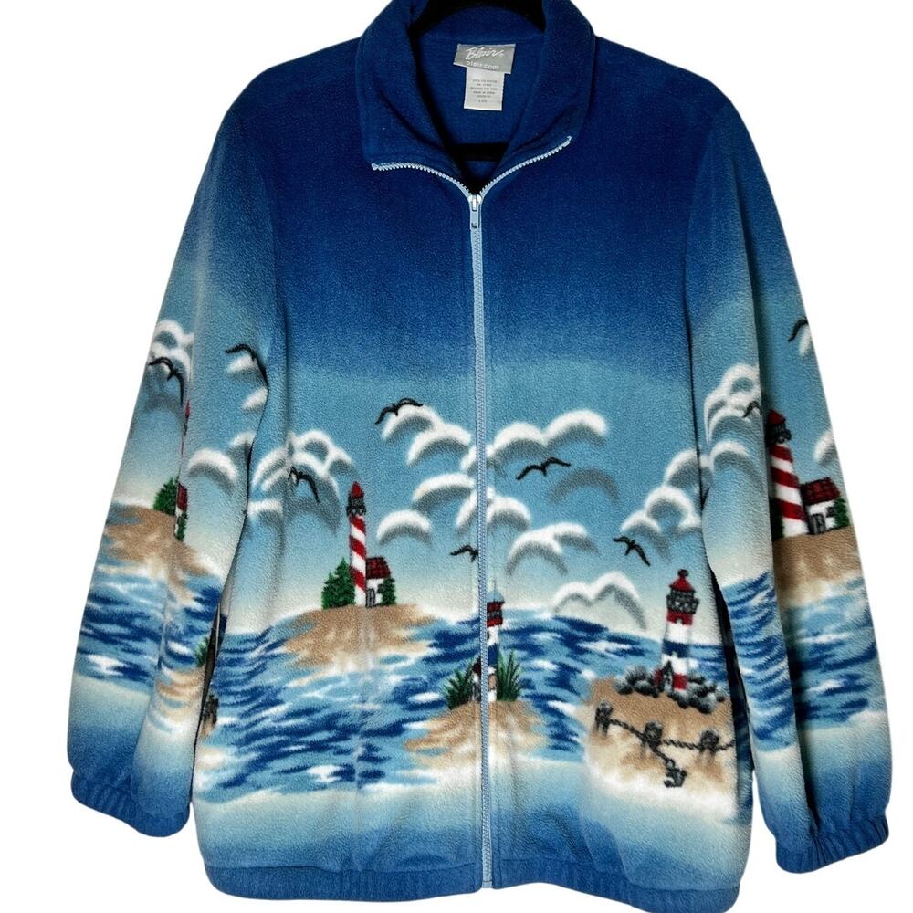 Blair Vintage Nautical Lighthouse Fleece Jacket Zip Up Fishermen Core Large 90s